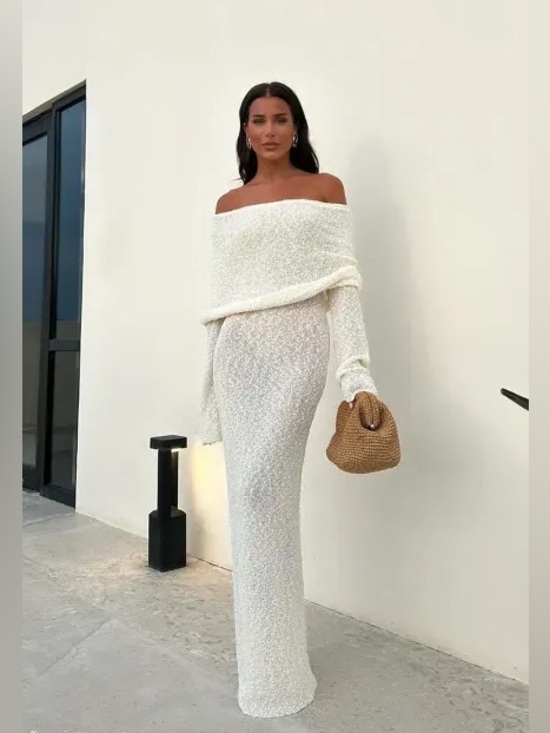 H&M Dresses & Skirts - H&M Off-Shoulder Cream Knit Maxi Gown
